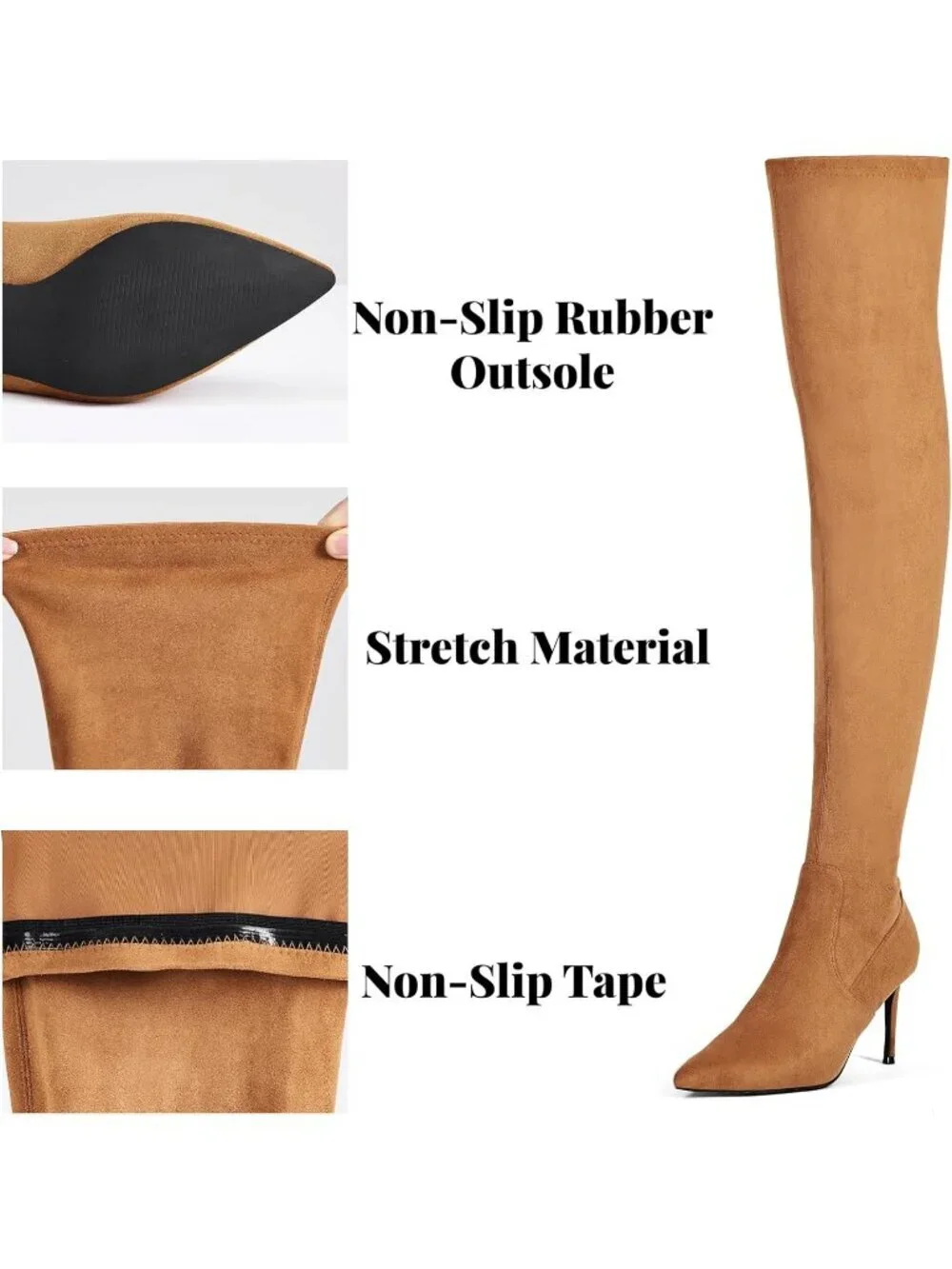 Women's Tan Synthetic Rubber Stretch Suede Long Pointed Toe Over the Knee Boot